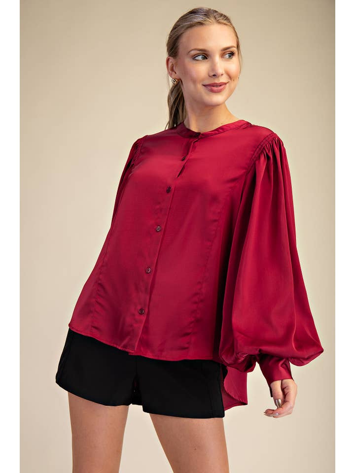 Glam - Wholesale Blouse - Women's - Round Neck Button Down Puff Long Sleeve Satin Top22