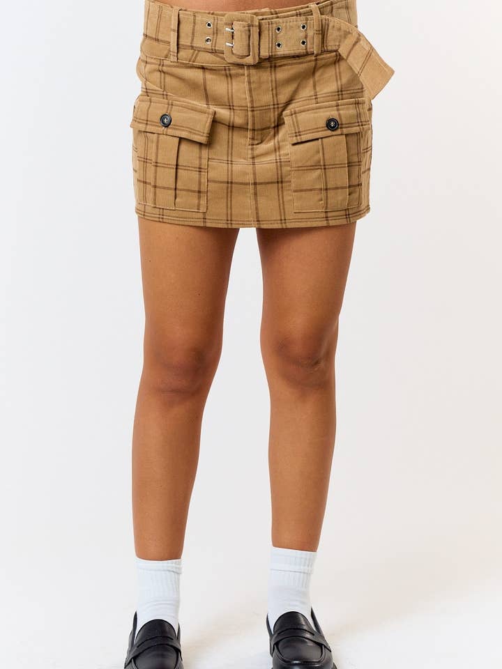 IBK28824 Plaid Corduroy Pocket Detail Belted Mini Skirt for wholesale by Blue Blush