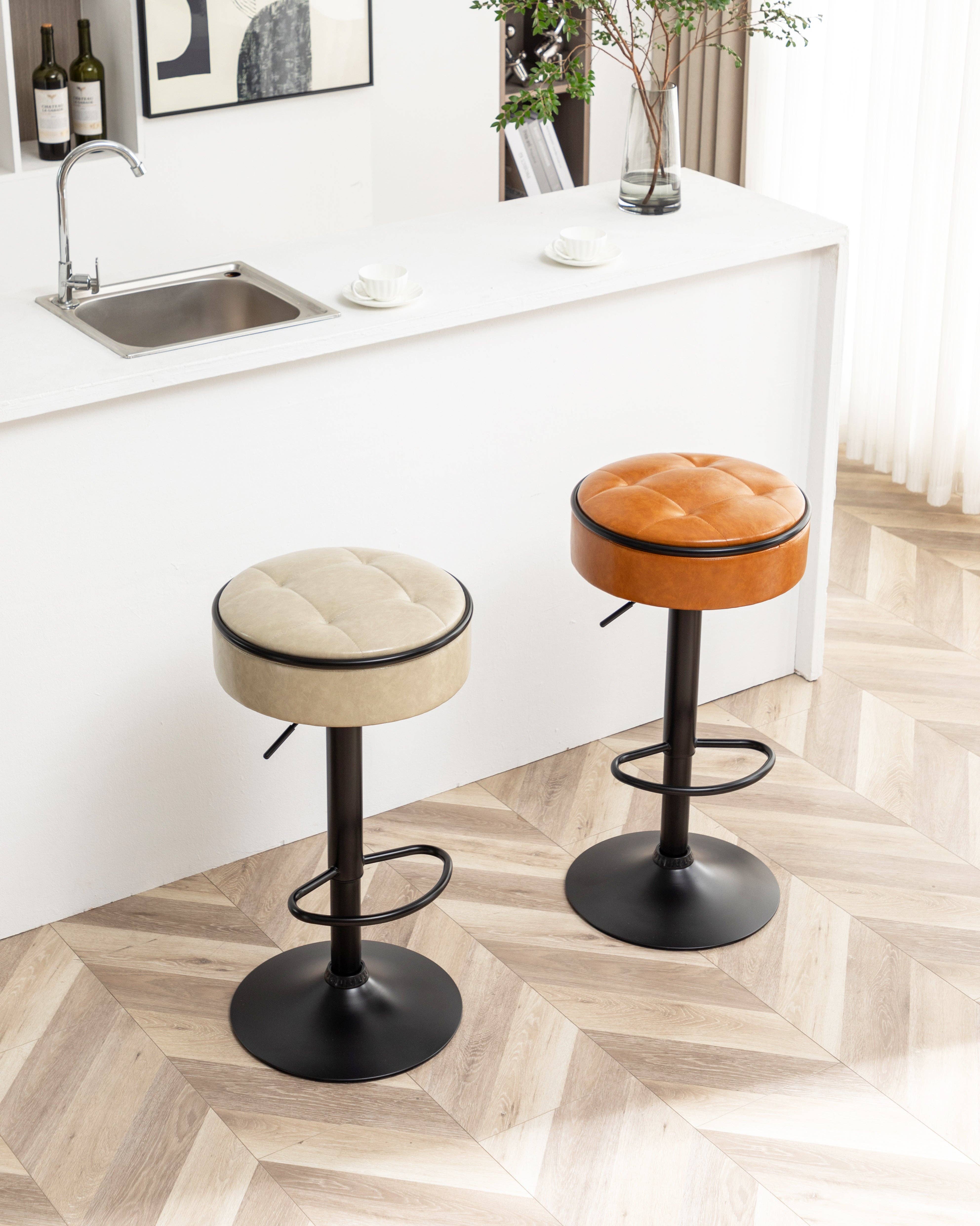 Orange County Decor - Wholesale Stool - Round Storage Bar Stool Set Of 2, Khaki Faux Leather Height Adjustable Barstool, 360 Counter Height Swivel Stool, Armless Bar Chair With Metal Frame For Kitchen Counter Dining Living Room Khaki Set11