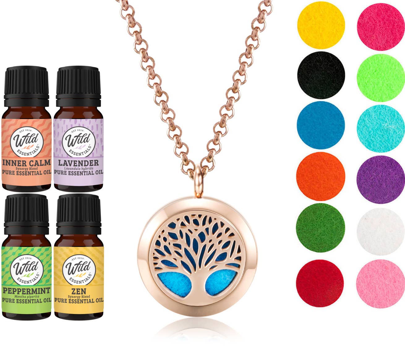 Wild Essentials - Wholesale Aromatherapy necklace - Rose Gold Tree of Life with 4 oils Necklace