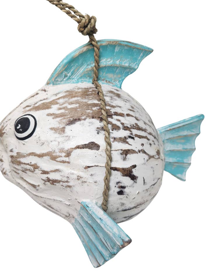 Hand Carved Coconut FISH Table Top Art Carving for wholesale by White Elephant