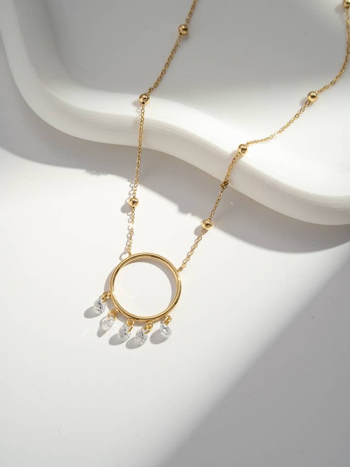 Golden circle necklace stainless steel pendant elegant rhinestone for wholesale by COSMOS