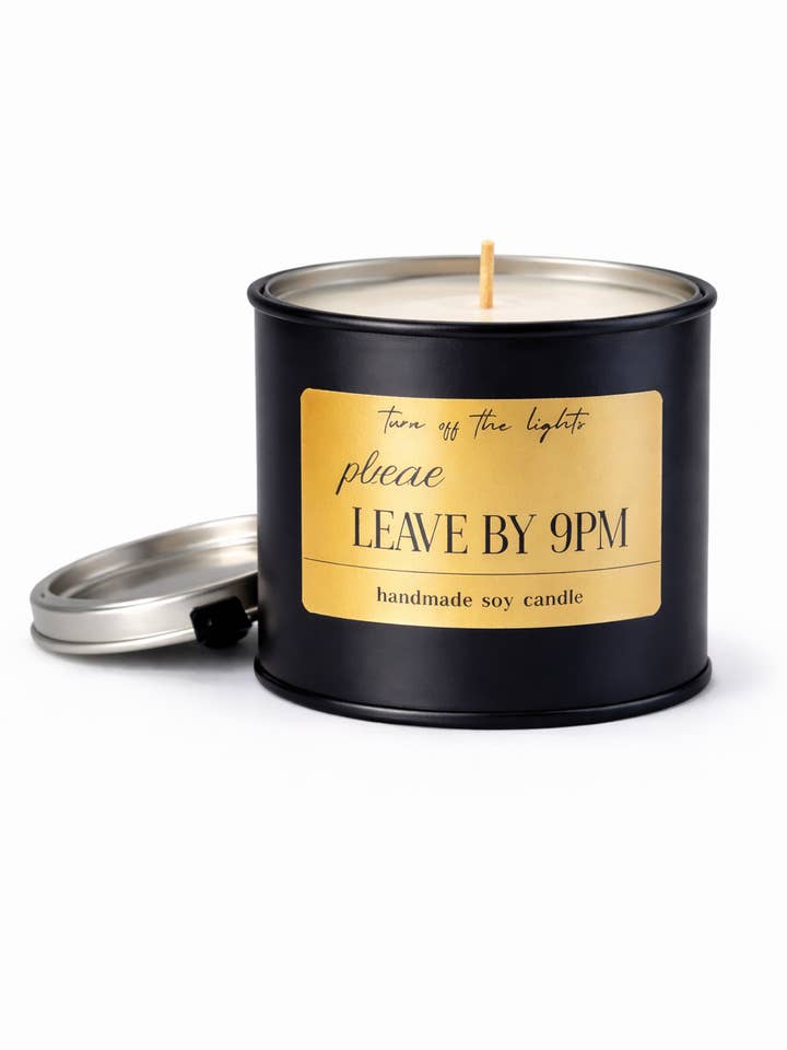 PLEASE LEAVE BY 9PM paint pot tin candle for wholesale by Turn off the lights ltd