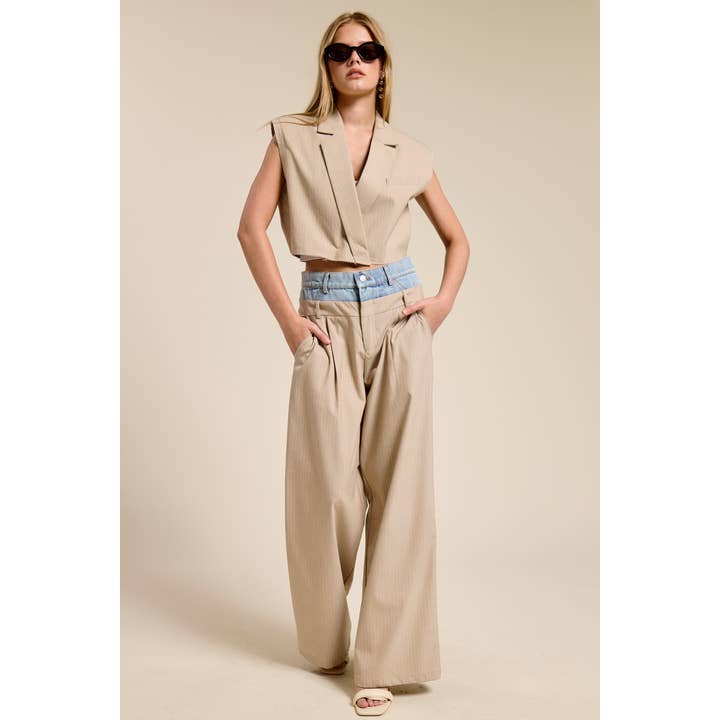 BEIGE Denim Waistband Contrast Stripe Wide Leg Trousers MB5057 for wholesale on Faire2