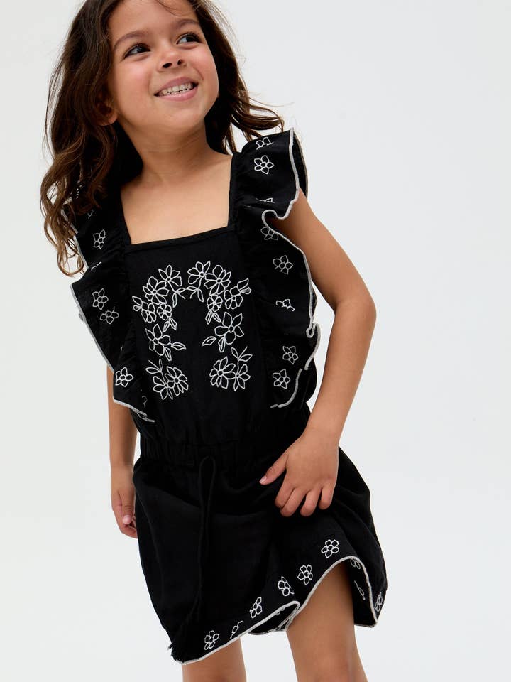 Raffya - Wholesale Jumpsuit - Kids - Kids Philo Ruffle Neck Embroidered Playsuit In Black