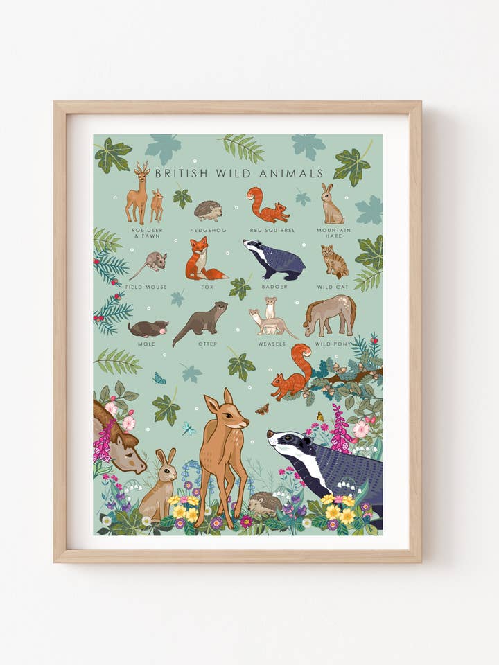 British Wild Animals Wall Art Print A4 Unframed for wholesale by Angie Spurgeon Illustration and Design
