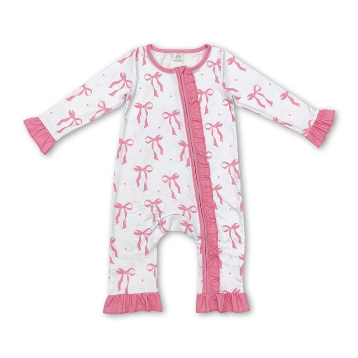 Yawoo Garments - Wholesale Jumpsuit - Baby - Long sleeves pink bow baby girls bamboo zipper romper