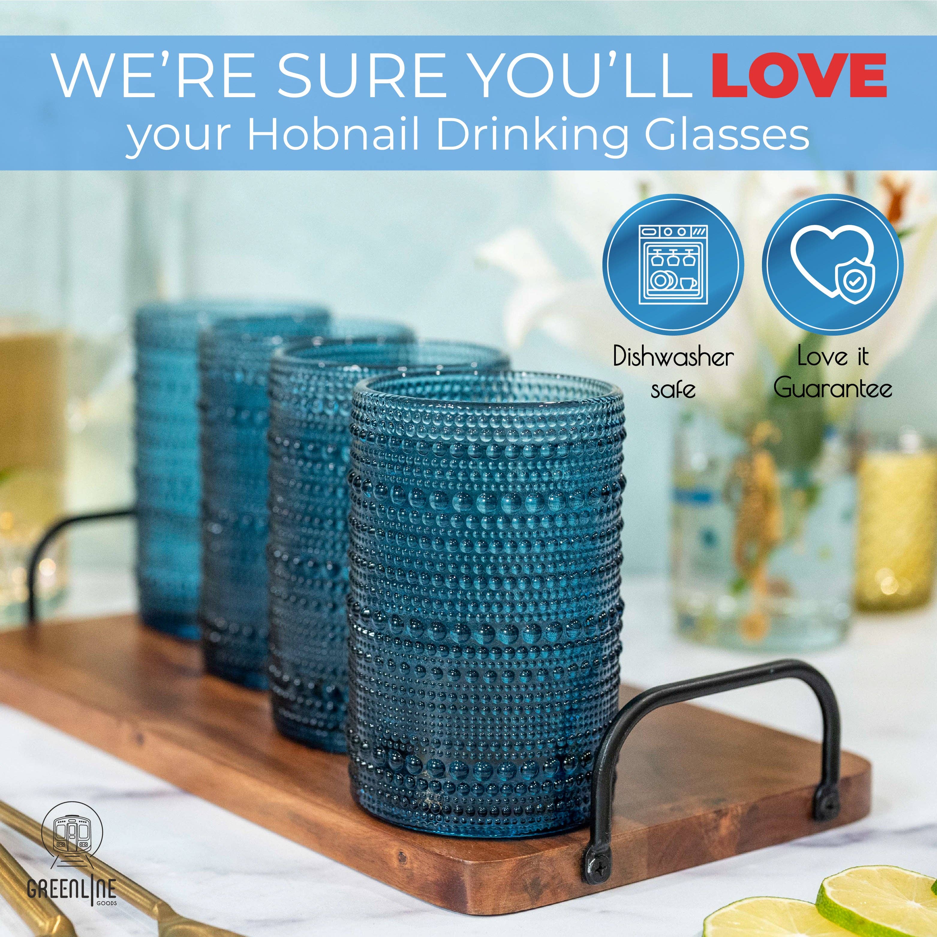 Greenline Goods - Wholesale Drinking Glass/Cup - Hobnail Drinking Glasses - Blue 14 oz ( Set of 4 )4