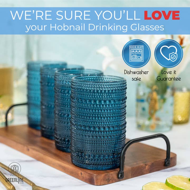 Greenline Goods - Wholesale Drinking Glass/Cup - Hobnail Drinking Glasses - Blue 14 oz ( Set of 4 )4