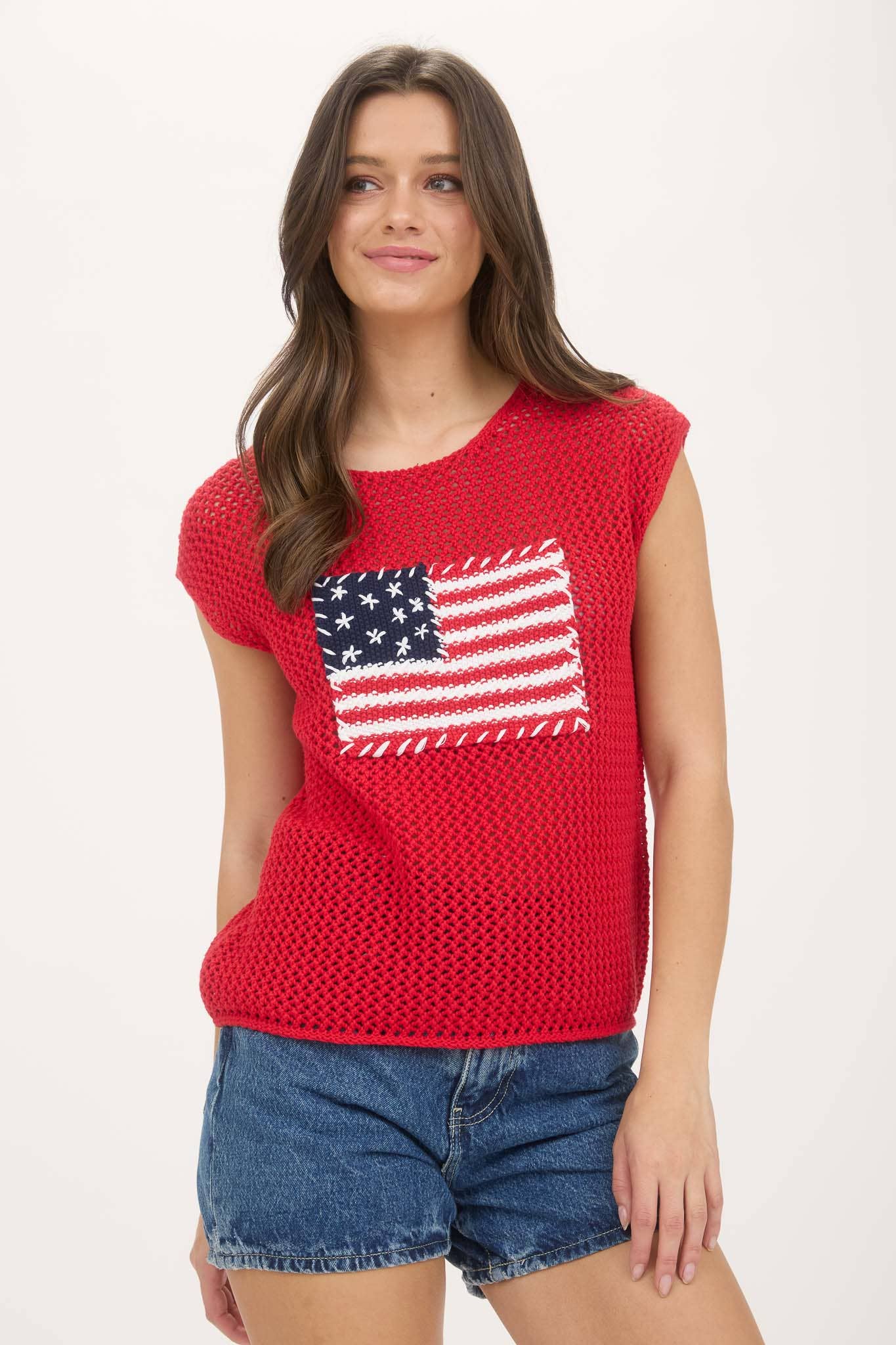 Blu Pepper - Wholesale Knit Sweater - Women's - AMERICAN FLAG CROCHET KNIT SWEATER TOP19
