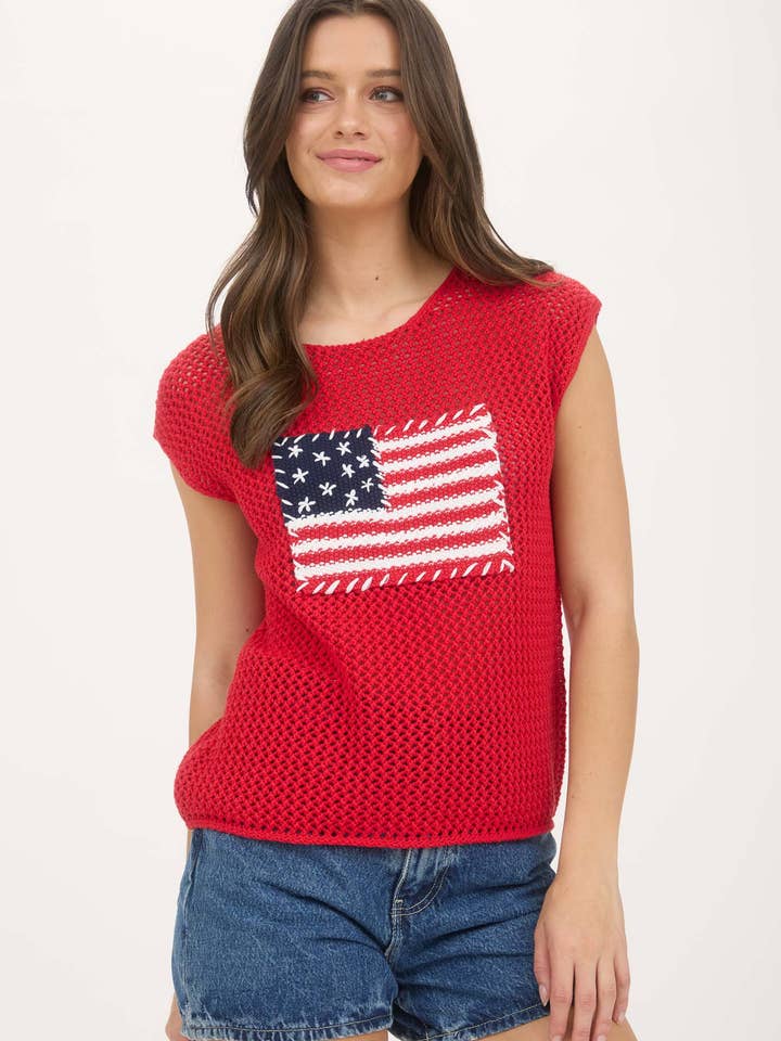 Blu Pepper - Wholesale Knit Sweater - Women's - AMERICAN FLAG CROCHET KNIT SWEATER TOP19