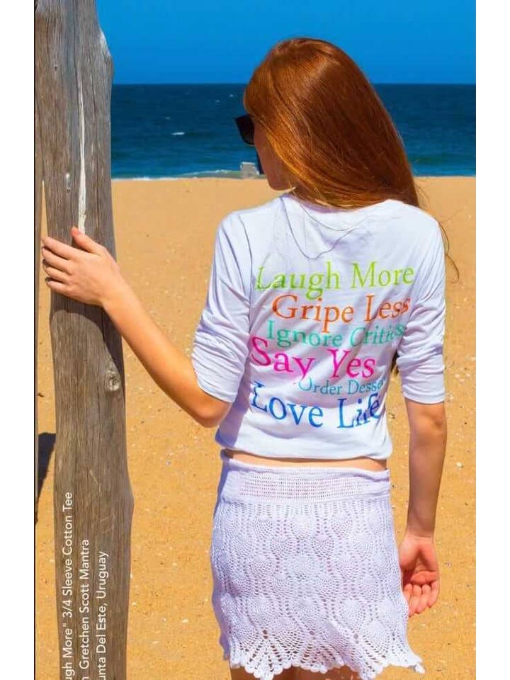 Multi "Laugh More" 3/4 Sleeve Cotton Tee for wholesale on Faire