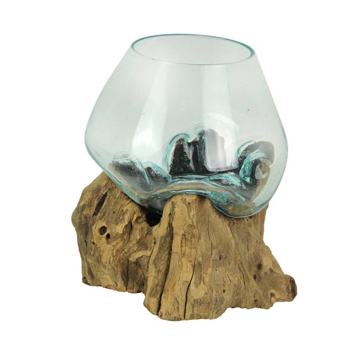 Zeckos - Wholesale Decorative Tabletop Object - Melted Glass On Teak Driftwood Decorative Bowl 6 Inches High
