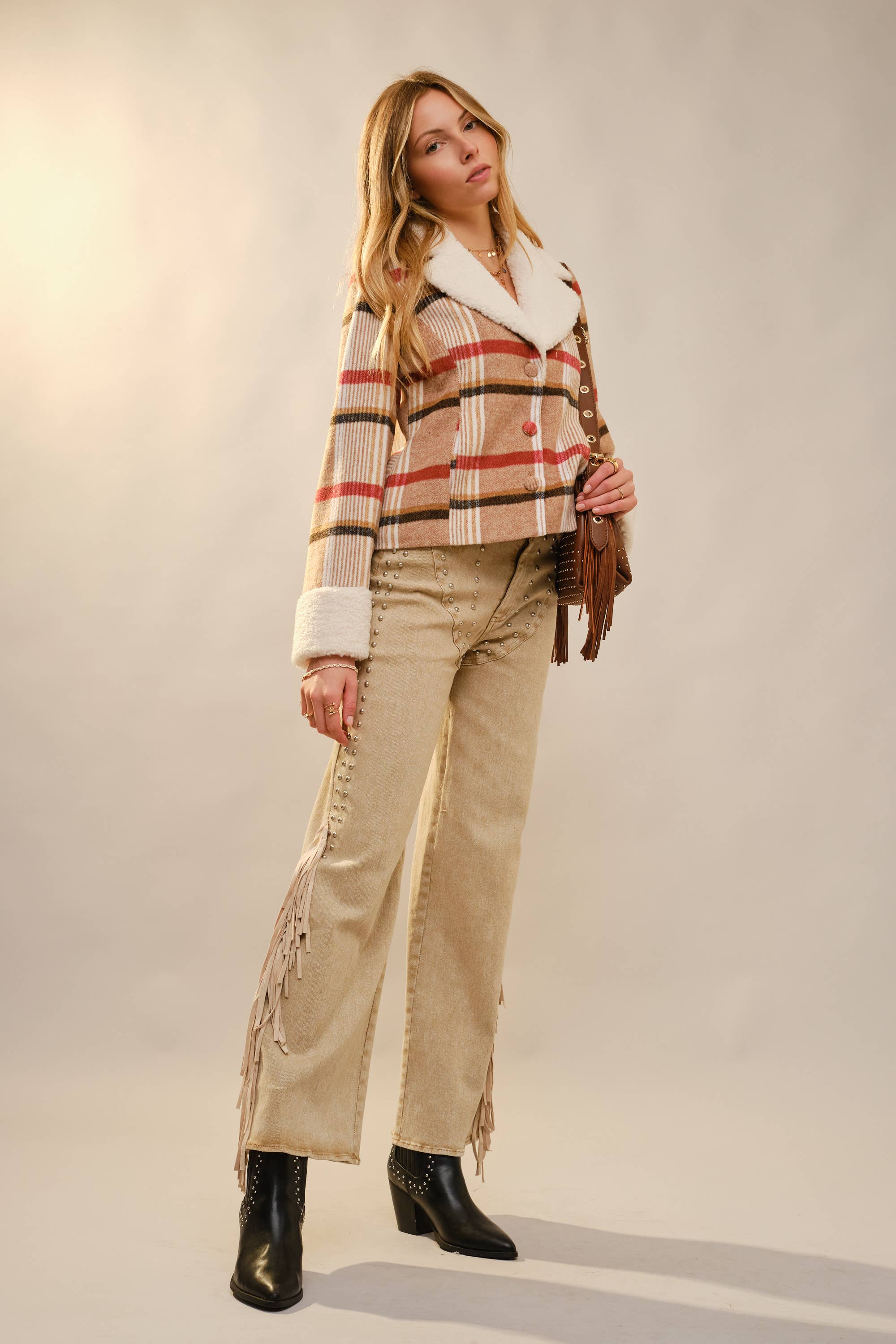 MOCHA MULTI 93711J Sherpa Collar Plaid Jacket for wholesale on Faire5