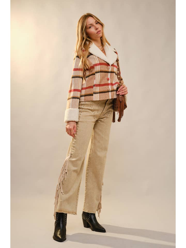 MOCHA MULTI 93711J Sherpa Collar Plaid Jacket for wholesale on Faire5