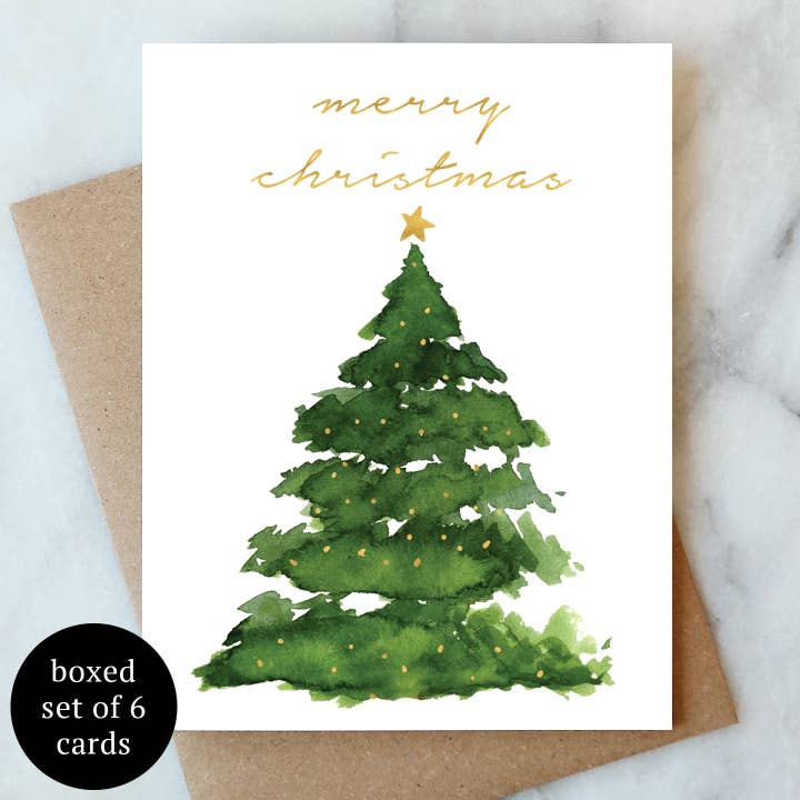 Merry Christmas Tree Greeting Card - Box Set of 6 | Holiday for wholesale by Abigail Jayne Design