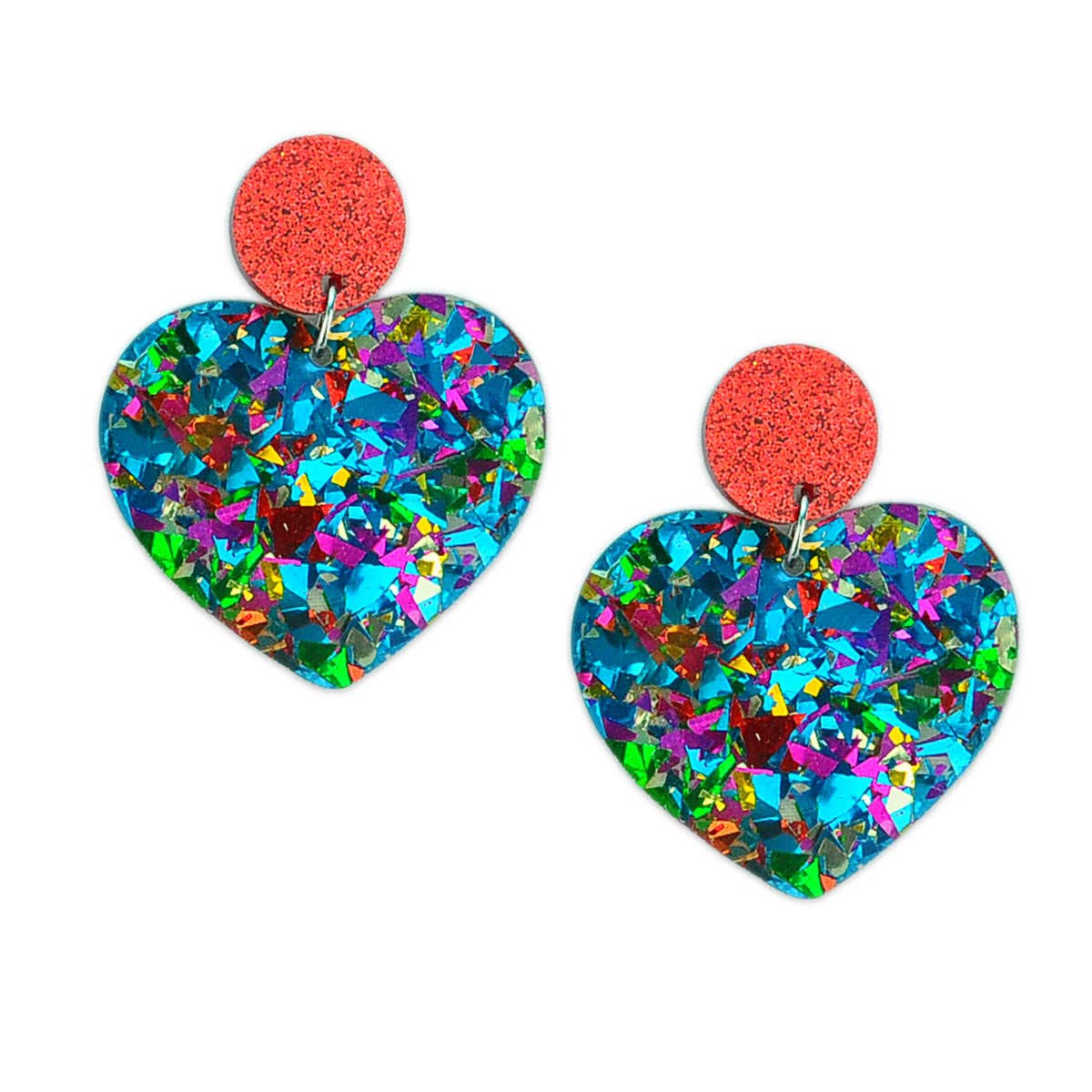Betsy Dare - Wholesale Dangle Earrings - Rainbow Metallic Confetti Heart Acrylic Earrings0