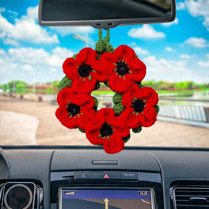 Crochet Poppy Wreath Car Mirror Hanging, Cute Car Decor Gift for wholesale by TOMOPOD LLC