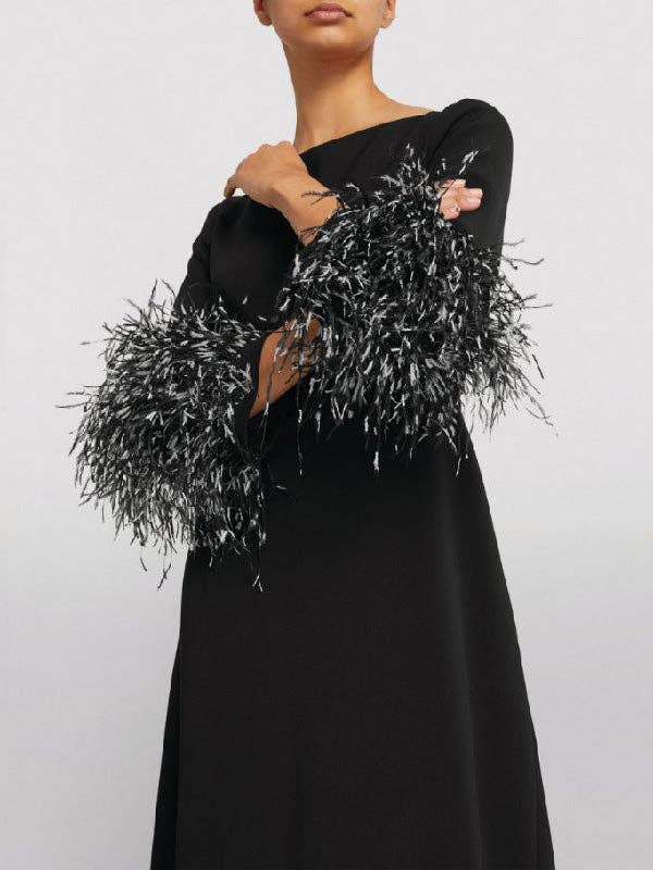 FurDecoration - Wholesale Dress - Women's - Black & White Feather Sleeve Party Dress4