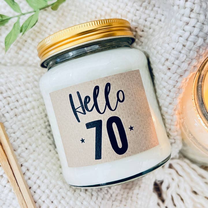 70 Milestone birthday age handmade soy scented candle for wholesale by Lollyrocket Candles Limited