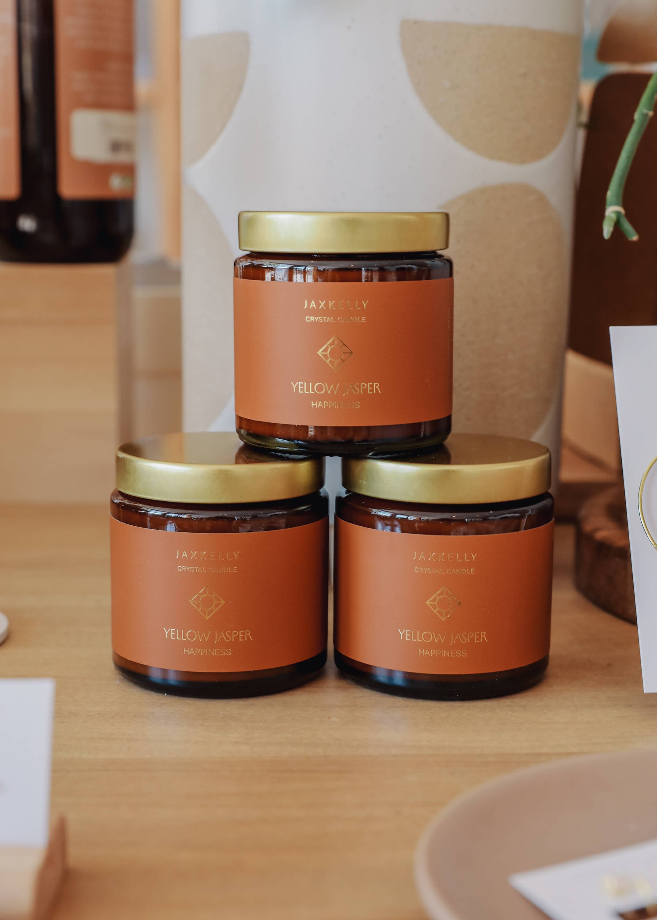 JaxKelly Candles - Wholesale Jar/Filled Candle - 4oz Amber Crystal Candles - Yellow Jasper  - Happiness3