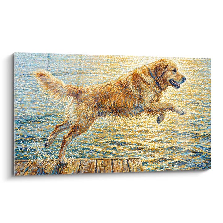 Tableau Golden Retriever Plongeant dans l'Eau Dorée - Éclats de Bonheur - Edition Tableau Golden Retriever pour la vente par Walensky