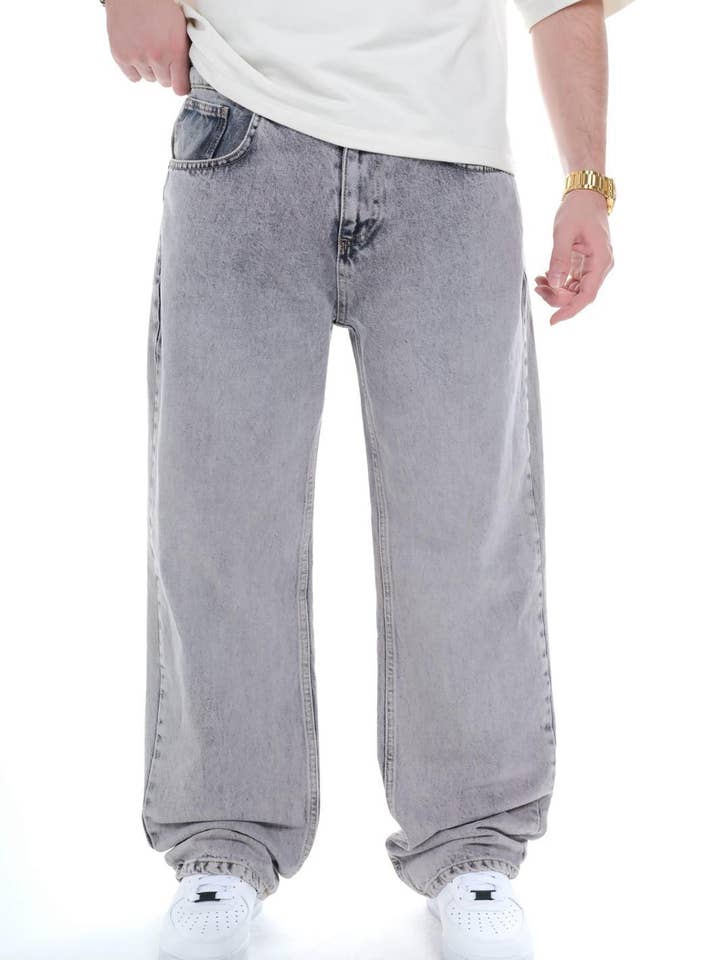 Mens Grey Washed Wide Leg Baggy Denim Jeans 0425ES3288 for wholesale by Monocloth