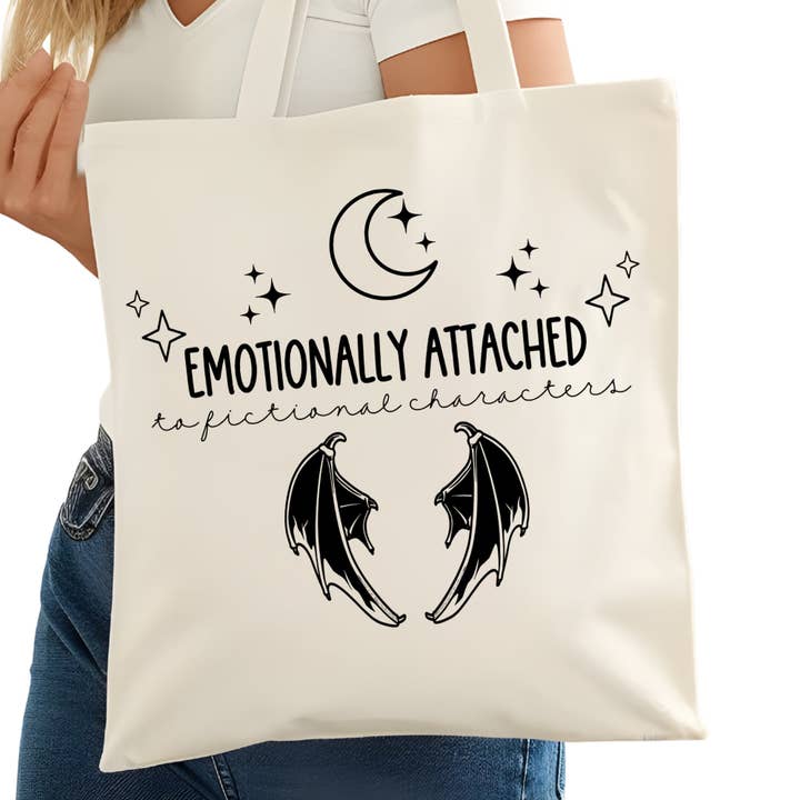 Emotionally Attached to Fictional Characters Wings Bookish Tote Bag – Reading Tote – Book Reader Bag - Romance Reader Tote - Book Store for wholesale by Purely Bookish