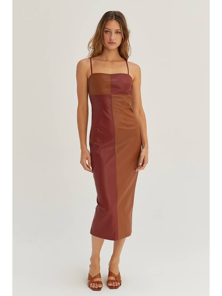 Crescent - Wholesale Dress - Women's - CD8004 - Alix Color Block Vegan PU Midi Dress4