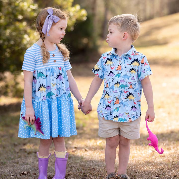 Boys Ice Blue Island Dino Short-Sleeve Button-Up for wholesale by Millie Loves Lily