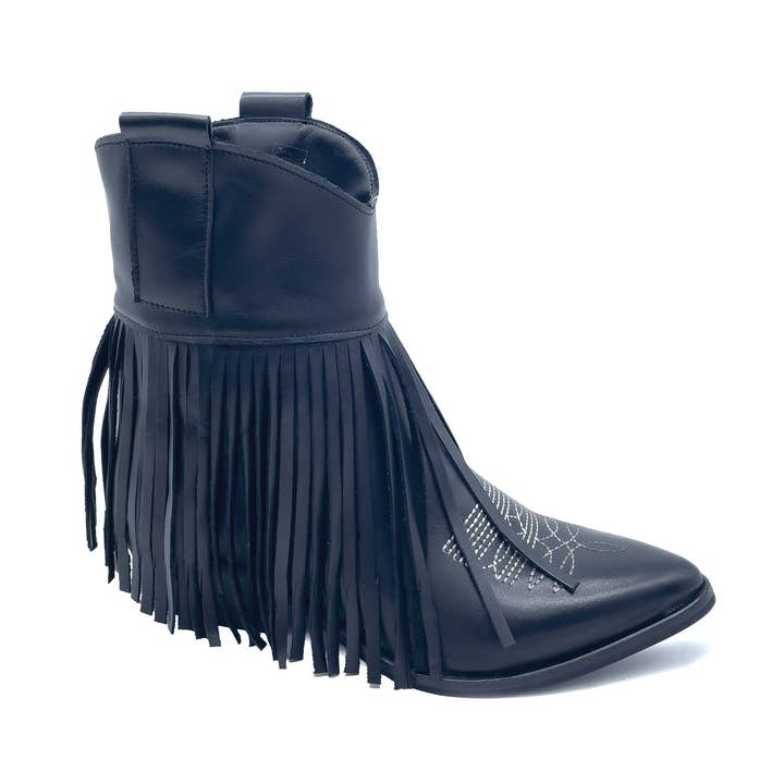 Tex30.02 Bottines texanes à franges en cuir noir pour la vente par WALKING NOW SRL