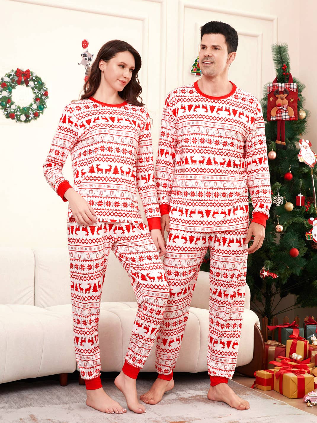 Family Matching Red White Reindeer Christmas Pajama Sets for wholesale on Faire2