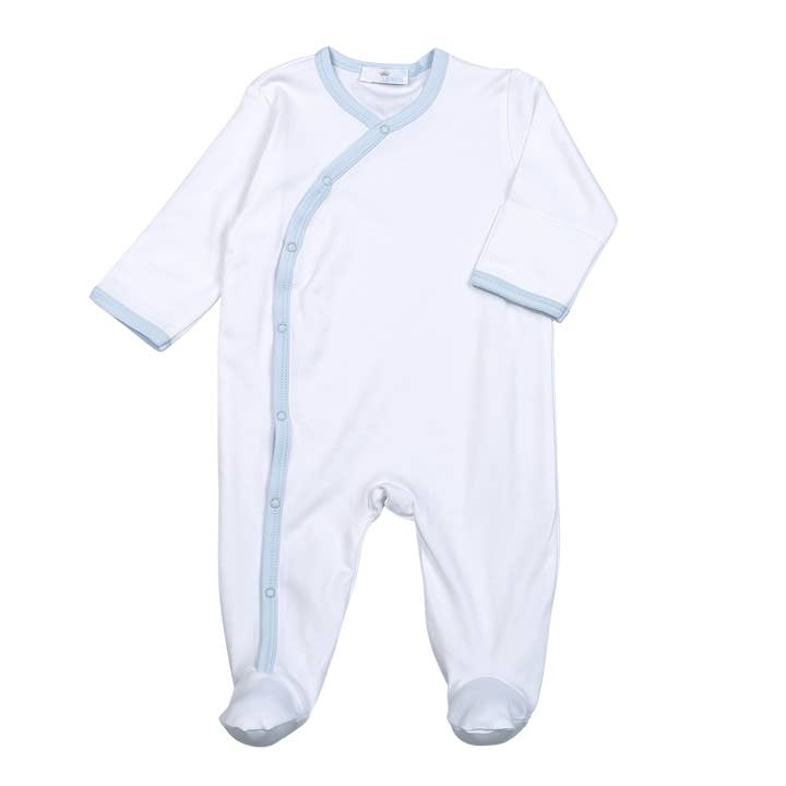 WNB-114 BLUE/WHITE KIMONO PIMA FOOTIE for wholesale by Baby Loren