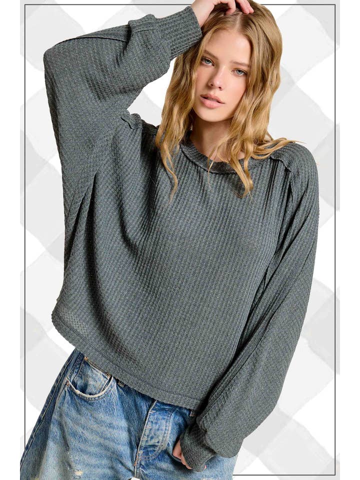 La Miel - Wholesale Knit Top - Women's - HAT7565-Brushed Waffle Fabric Loose Fit Long Sleeve Top6