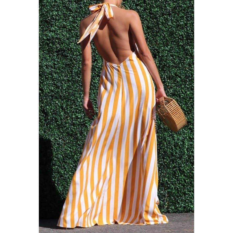 Esmeray Clothing - Wholesale Dress - Women's - Striped Halter Neck Maxi Dress with Side Pocket2
