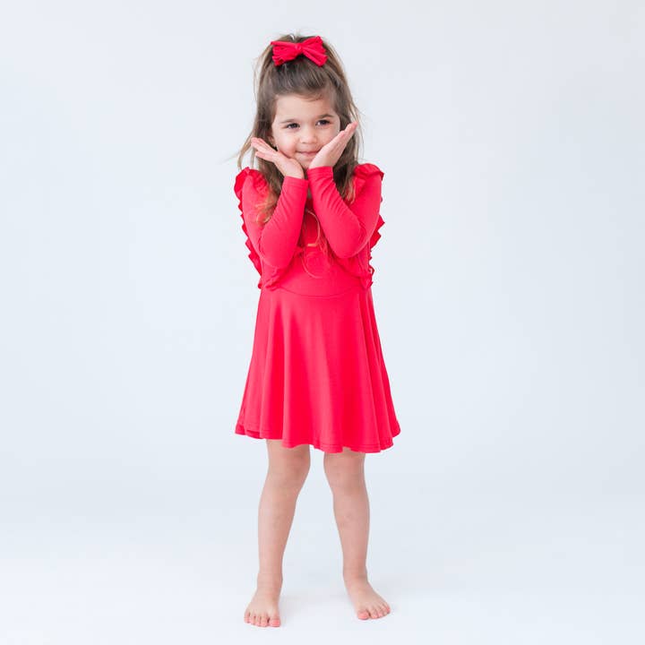 Fiery Red Long Sleeve Ruffle Twirl Dress for wholesale by Sweet Peas Co