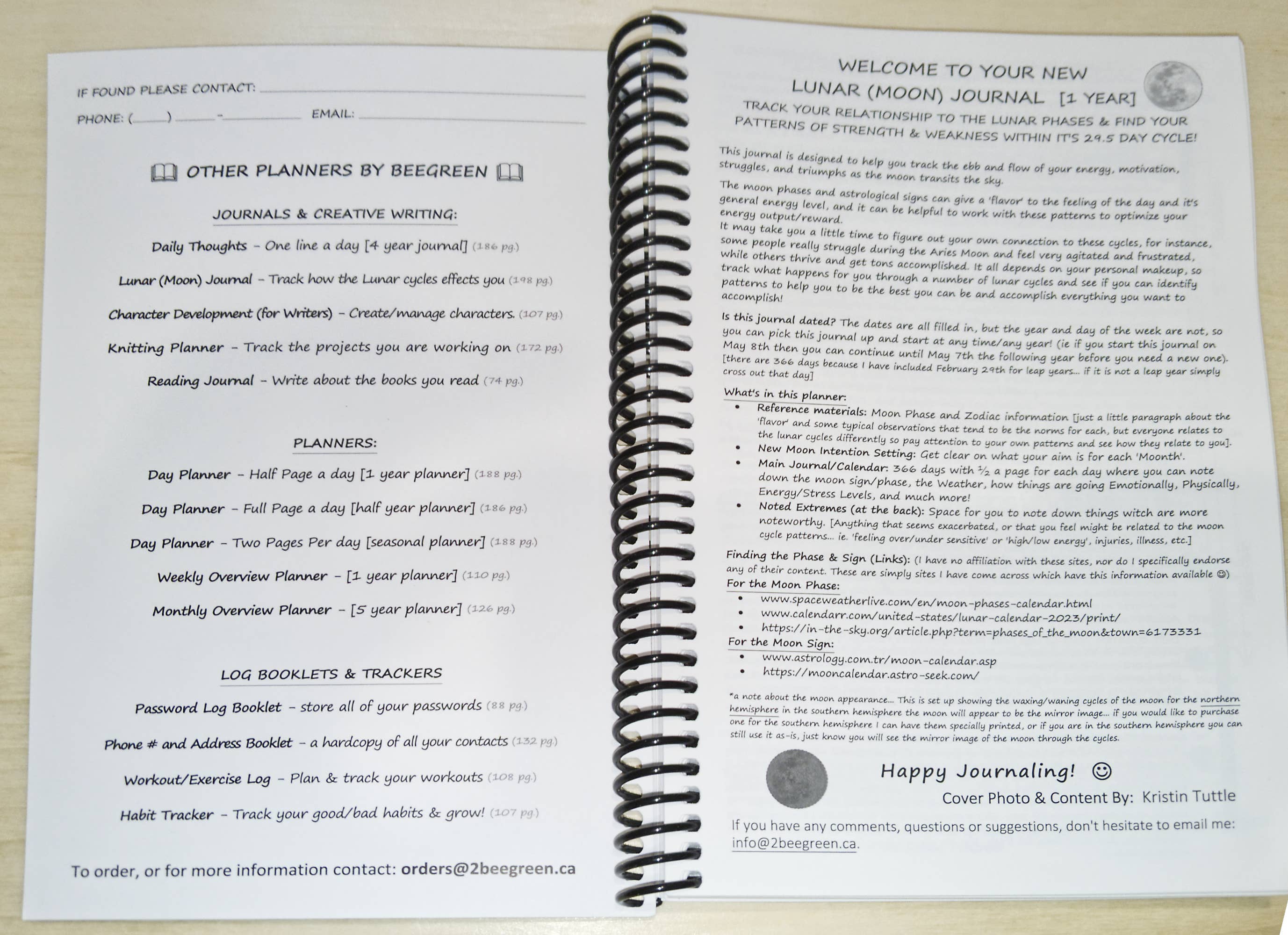 BeeGreen & CraftsPlannersPlus - Wholesale Journal/Diary - Lunar Journal / Moon Journal / undated [Spiral Bound]2