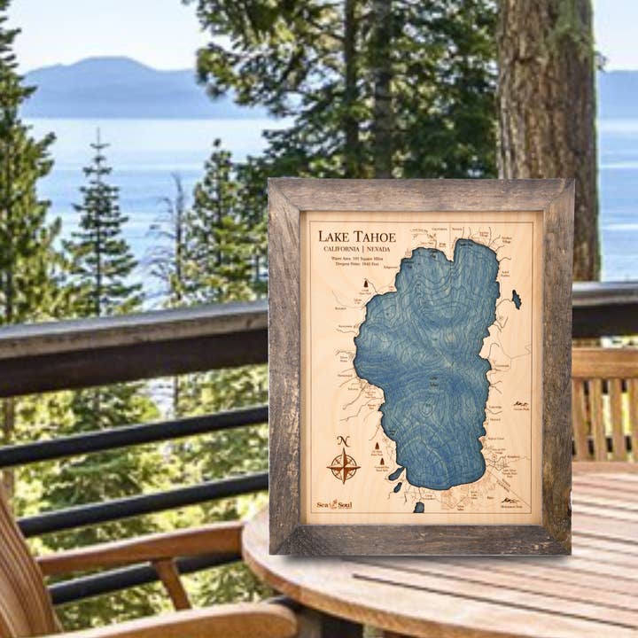 Carte murale en bois nautique 3D du lac Tahoe - 2 niveaux pour la vente par Sea & Soul Nautical Chart Art