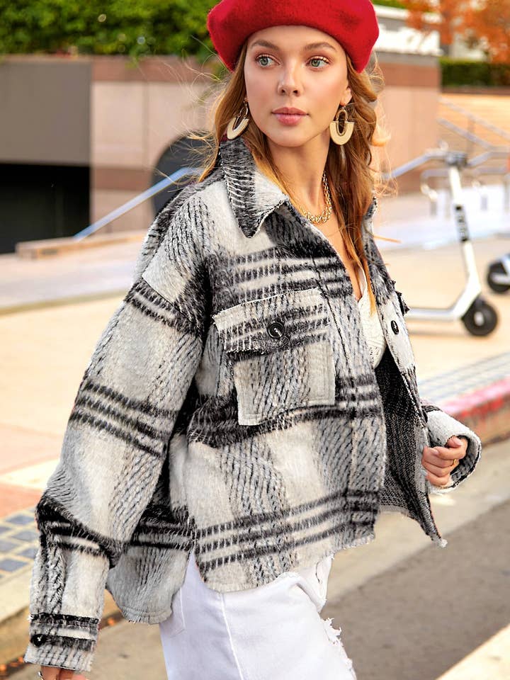 JKT1791-Veste boutonnée douce brossée à motifs à carreaux pour la vente par La Miel