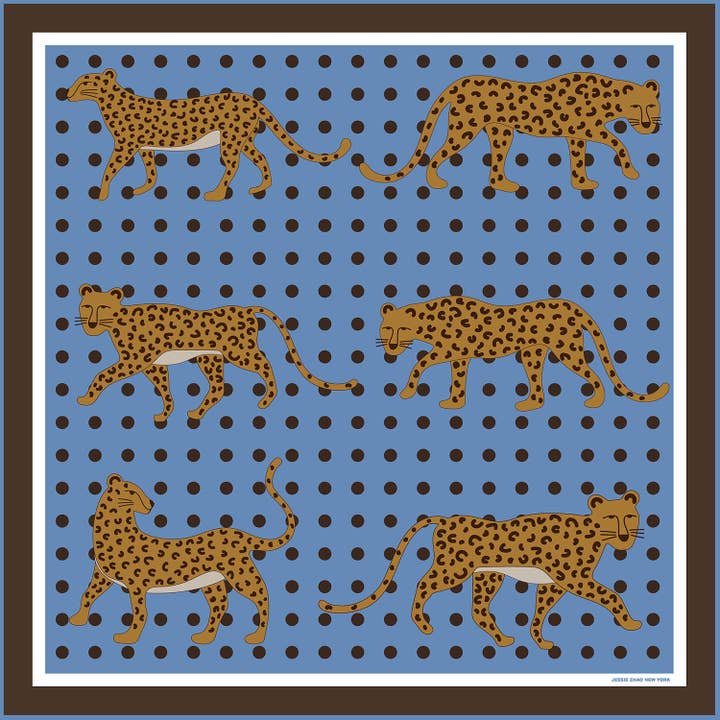 Double Sided Silk Scarf Of Blue Leopards Garden for wholesale by Jessie Zhao New York