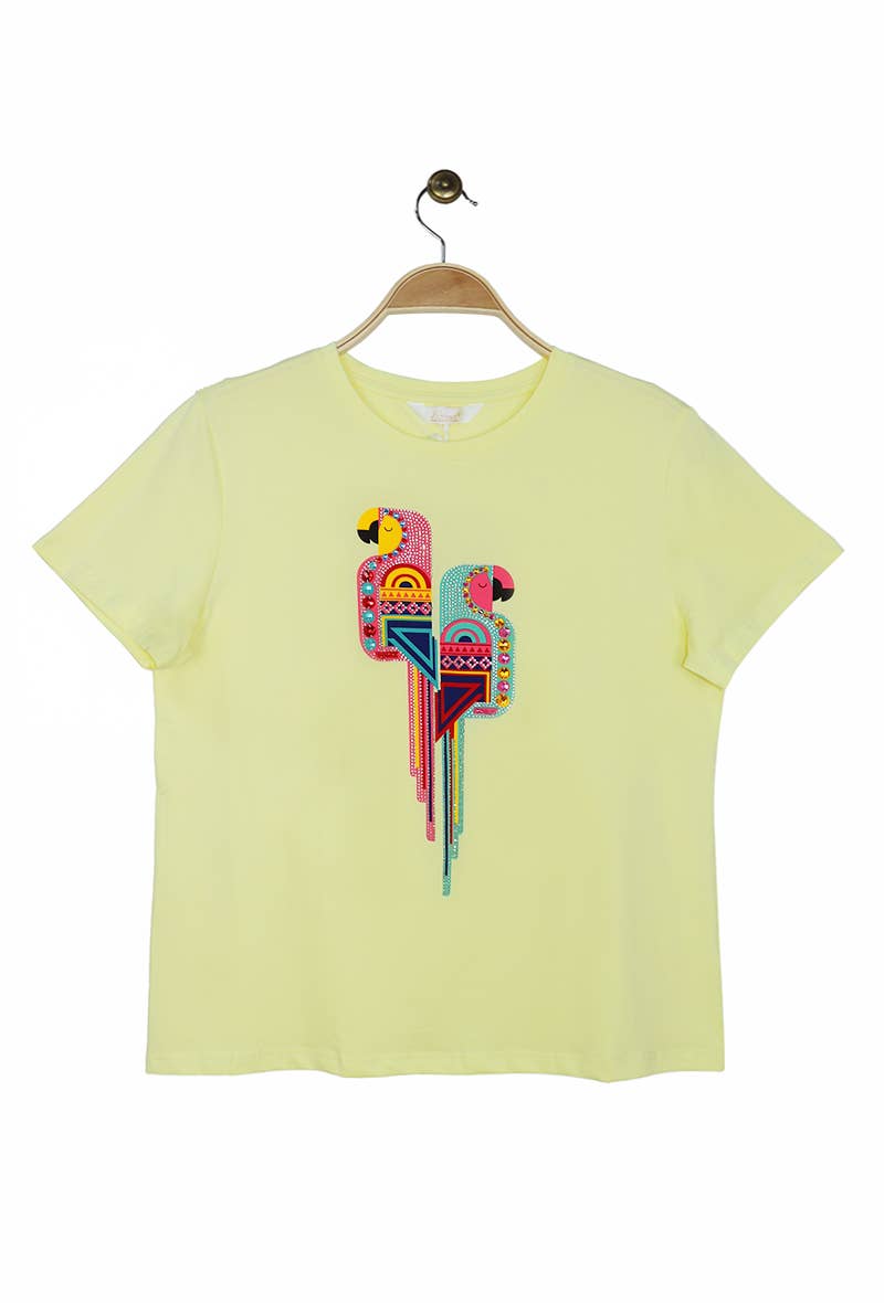 Attrait Paris - Vendita all'ingrosso Maglietta serigrafata - Donna - T-shirt in cotone con stampa grafica di pappagalli colorati5