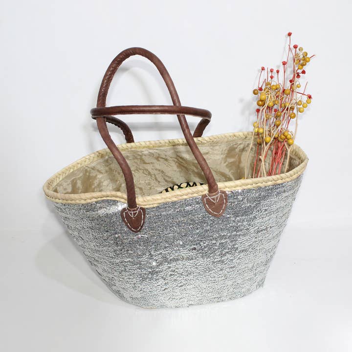 Melecraft - Wholesale Beach bag - Silver Sequins straw bag, french market basket2