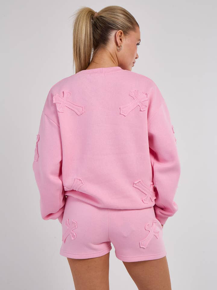 AX Labels - Wholesale Lounge Set - Women's - Crucifix Embroidered Sweatshirt & Shorts Fleece Co-ord41