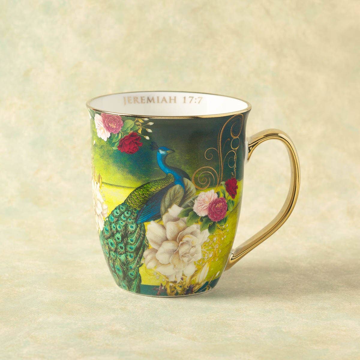 Christian Art Gifts - Wholesale Coffee Mug - Mug Blue/White Peacock Blessed Jer. 17:71