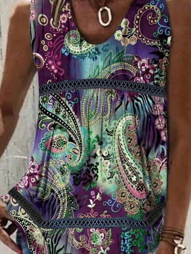 UNISHE - Wholesale Tank Top - Women's - Printed V Neck Lace Splicing Tank Top ZZKF8902