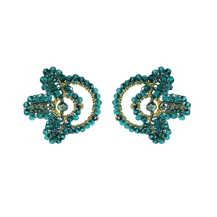 Boucles d'oreilles crochetées à la main Teal Mix Solara Circle pour la vente par Lavish By Tricia Milaneze