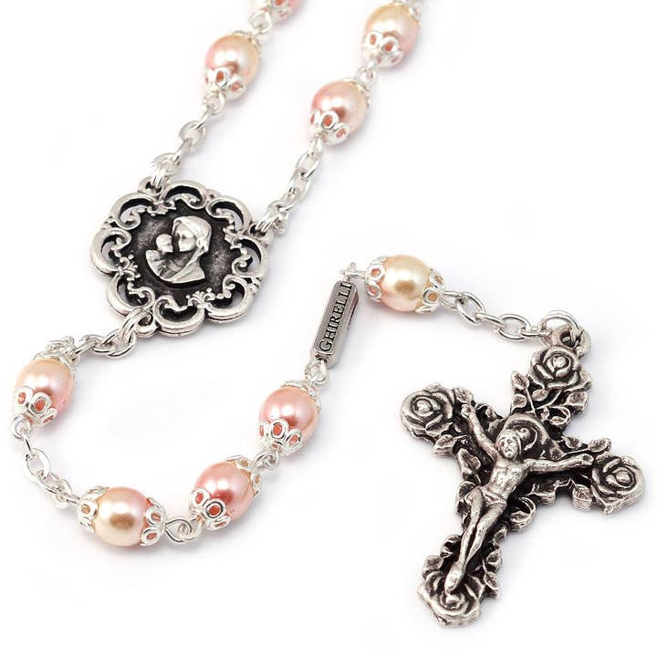 Ghirelli UsA Inc - Wholesale Prayer Beads Necklace - Mary's Motherly Love Collection Blush Pearl Roses Rosary