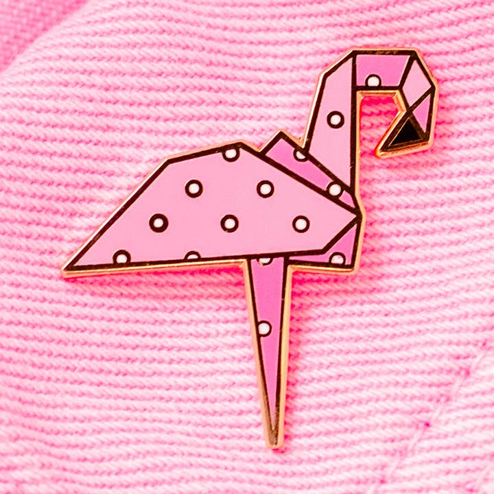 Origami Flamingo Enamel Pin for wholesale by Dottie's Paper Co.