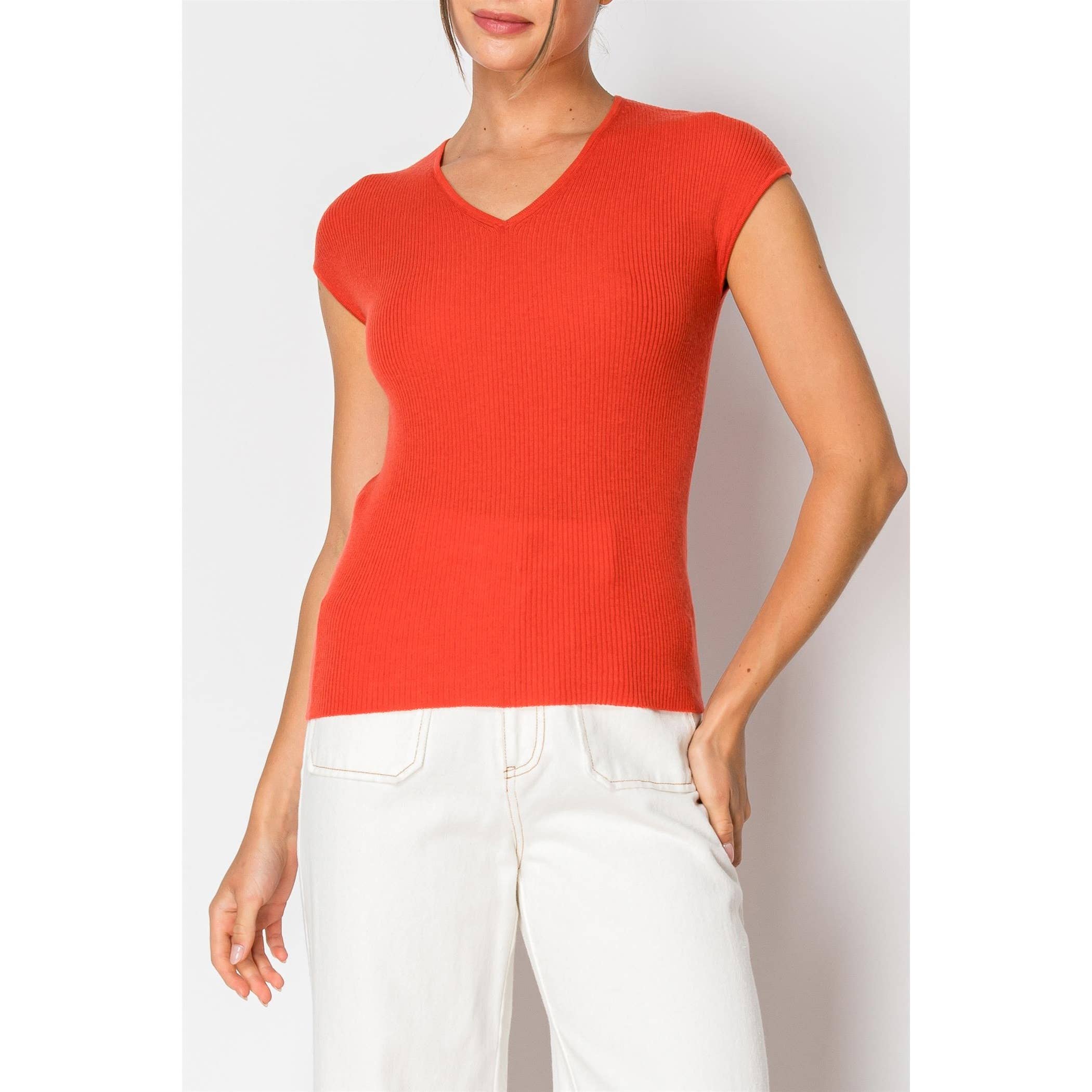 INA - Vente Chemisier – femme - Haut en maille côtelée à manches courtes et col en V4