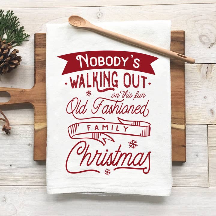 Fun Old Fashioned Family Christmas Tea Towel for wholesale by Perfect Day Print Co